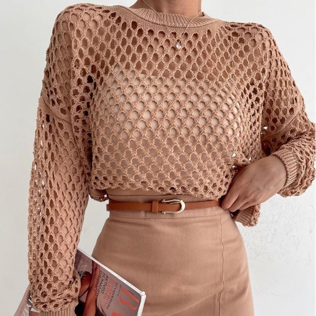 BITCED Sweater with Flared Sleeves Loose Crew Neck Cutout Sweater for Women