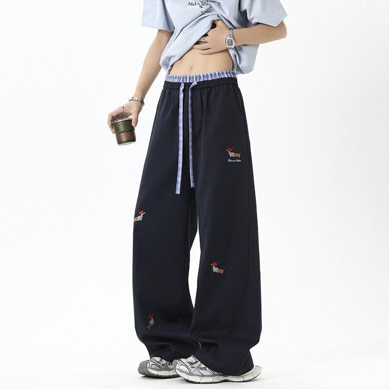 Vintage Puppy Embroidery Loose Wide Leg Double Waist Casual Fleece Long Pants For Men