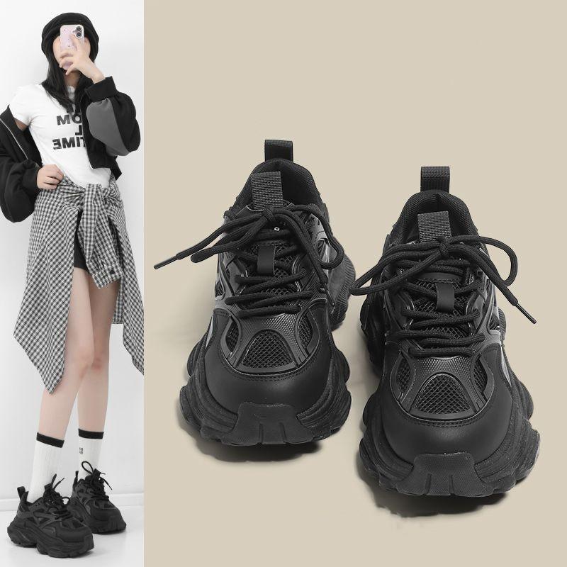 Pantofi negri de tată cu talpă moale, pantofi sport casual versatili pentru femei, noi de toamnă, cu talpă groasă care înalță