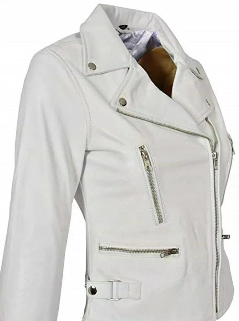 New Women Jacket White Leather Lambskin Handmade Casual Biker Stylish Wear Soft Fit