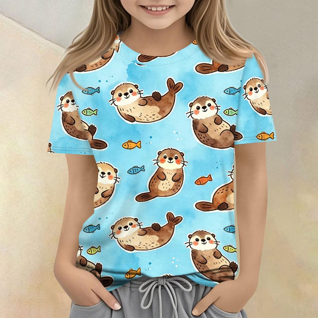 Kids Animal Print Crew Neck Short Sleeve Casual Loose Fit T Shirt Comfortable Lightweight Soft Fabric Suitable for Everyday Wear