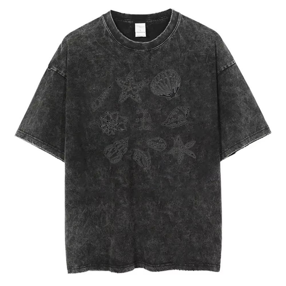 Vintage Washed Cotton TShirt Men Sea Shells Starfish Graphic Tee Coastal Aesthetic Retro Acid Wash Streetwear Loose Fit Top