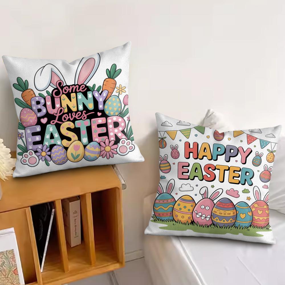 Happy Easter Cartoon Cute Cushion Cover Silky Short Plush Invisible Zipper Dustproof Sofa Pillow Case For Home Decor