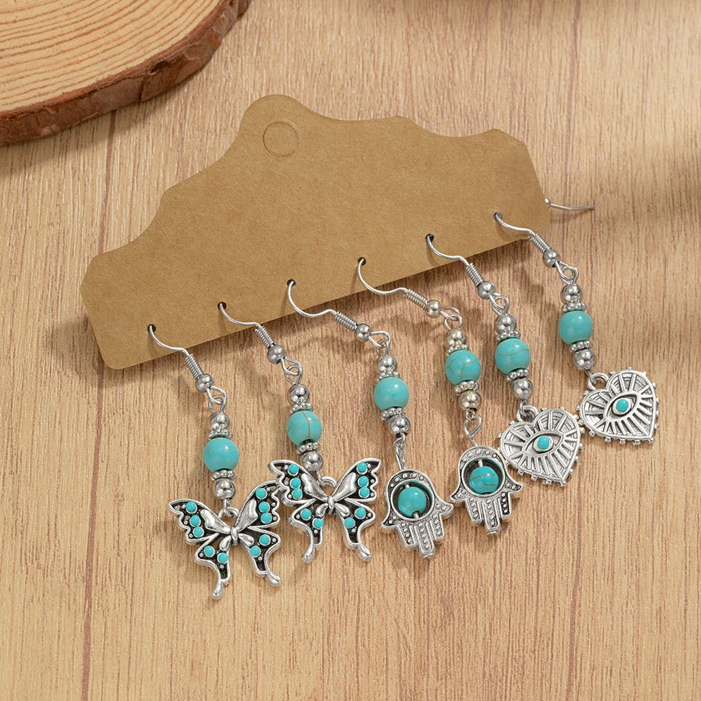 3 Pairs/set of Retro Turquoise Butterfly Feather Heart Inlaid Pendant Western Style Denim Earrings