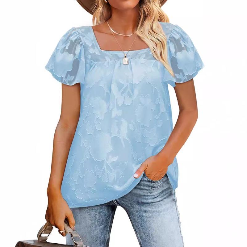 Summer Women T-shirt Square Neck Lace Hollow Out Casual Loose Short Sleeve Chiffon Shirt