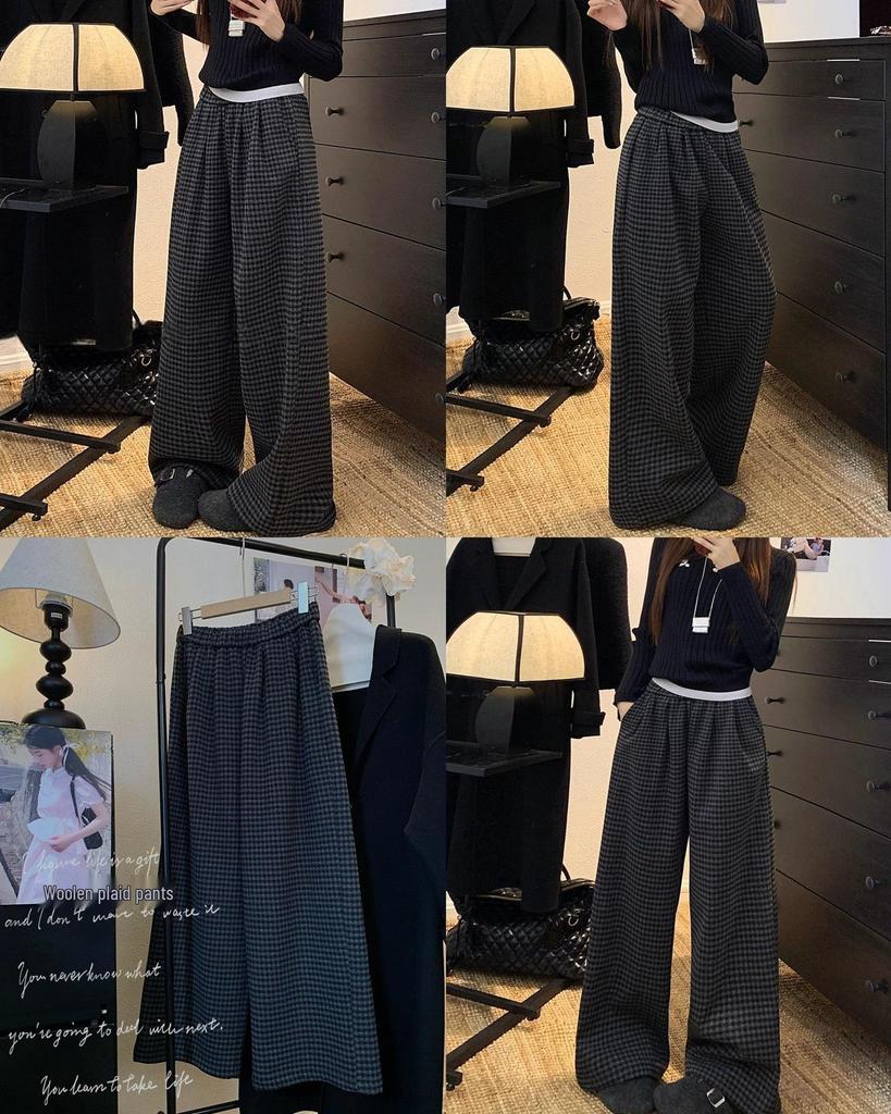 Two-Color Retro Plaid Velvet Fleece-Lined Wide-Leg Casual Pants