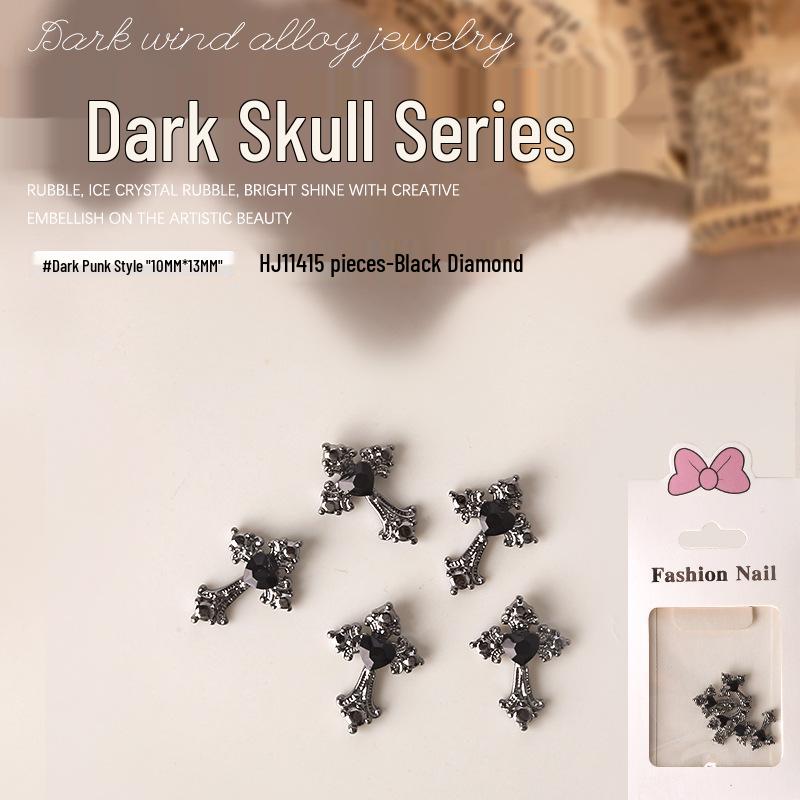 Dark Skull Retro Chrome Heart Scarlet Cross Nail Rhinestone Embellishments - 5 Pcs