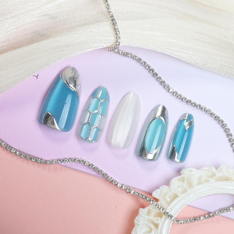 30PCS Gold Foil Cat Eye Nail Art Tips in Sky Blue, French Plaid, and Colorful Designs