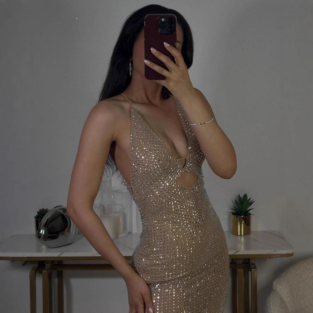 European and American New Fashion New Summer Sexy Temperament Party Hollow Hot Diamond Perspective Suspender Evening Dress Dress