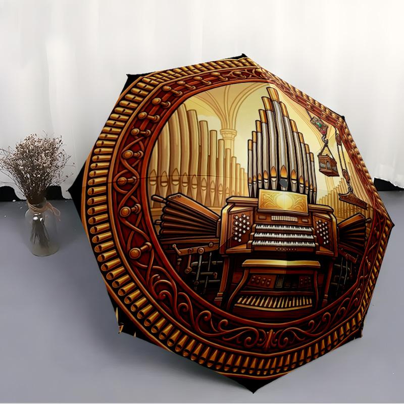 Golden Organ Symphony Pattern Umbrella, Portable and Foldable Design, 8 Ribs, a Casual Accessory for Halloween, Christmas, and Birthday Gifts.