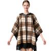 Womens Knitted Cape Sweater With Fringe Trim Retro Plaid Patchwork Street Style Winter Outerwear