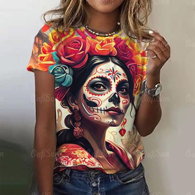 Damen Totenkopf-Print T-Shirt Zum Drucken Harajuku Kurzarm Tops Herbst O-Ausschnitt Übergroßer Pullover Weibliche Freizeitkleidung