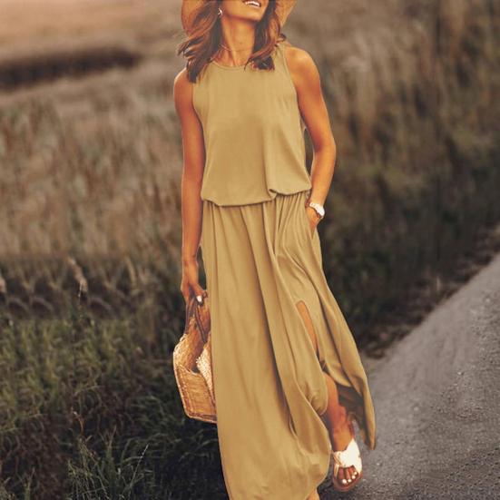 Women Summer Dress Pleated Round Neck Sleeveless Solid Color Loose Slit Hem Maxi Dress Daily Date Party Wear Long Dress