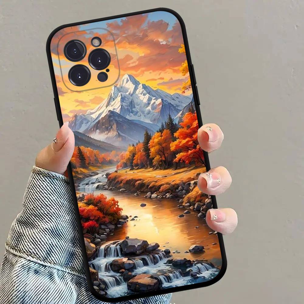 Landscape Painting Square Matte Silicone Case For Iphone17 Air 16 15 14 13 12 11 Pro Max Plus Matte Basic Cover Case
