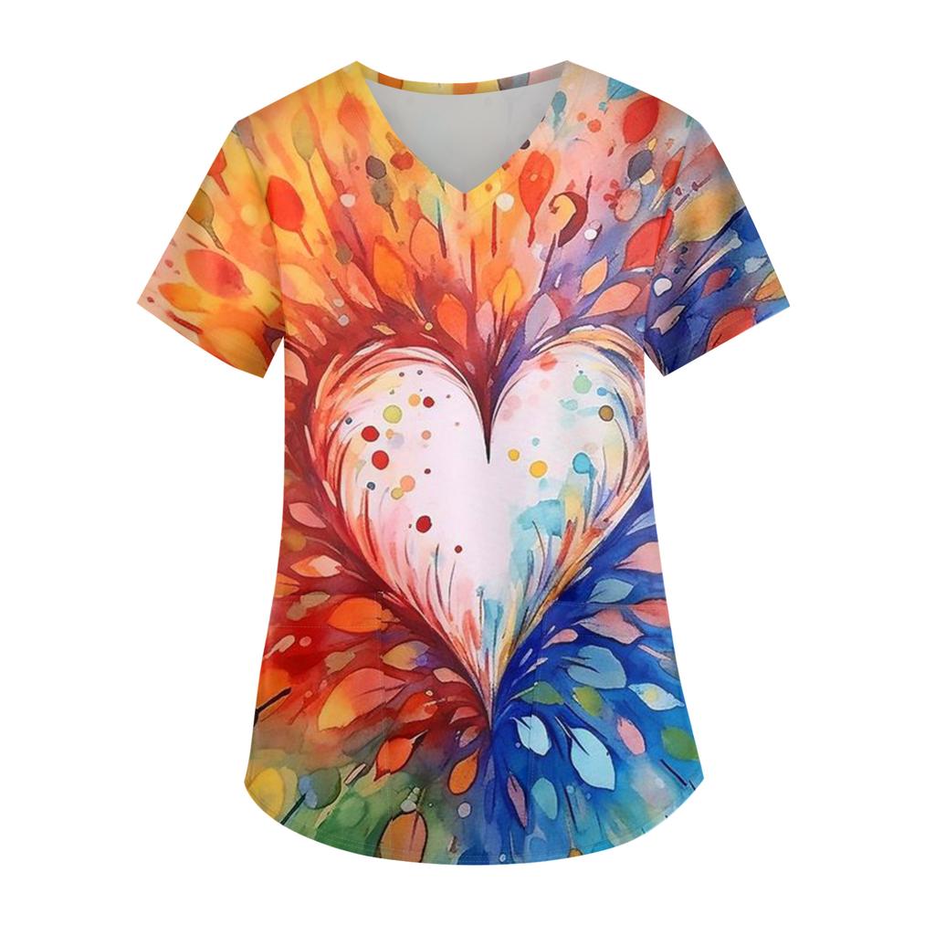 Ladies' Valentine's Day Printed Fashionable V-neck Pocket Short Sleeved  Uniform And Caregiver Top