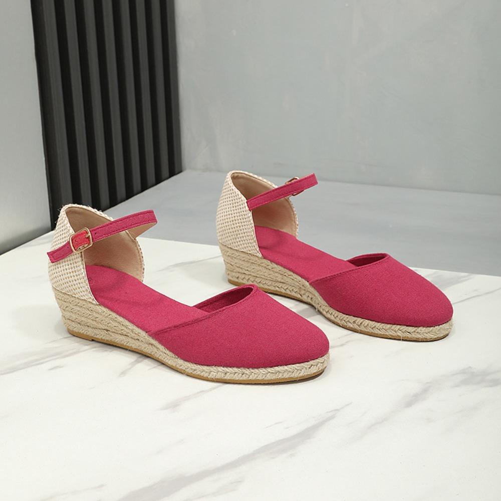 Fashion Baotou Sandals for Women's 2025 Summer Grass Woven Hemp Rope Slope Heel Shoes Women Round Toe Thick Sole Buckle Womens Sandals