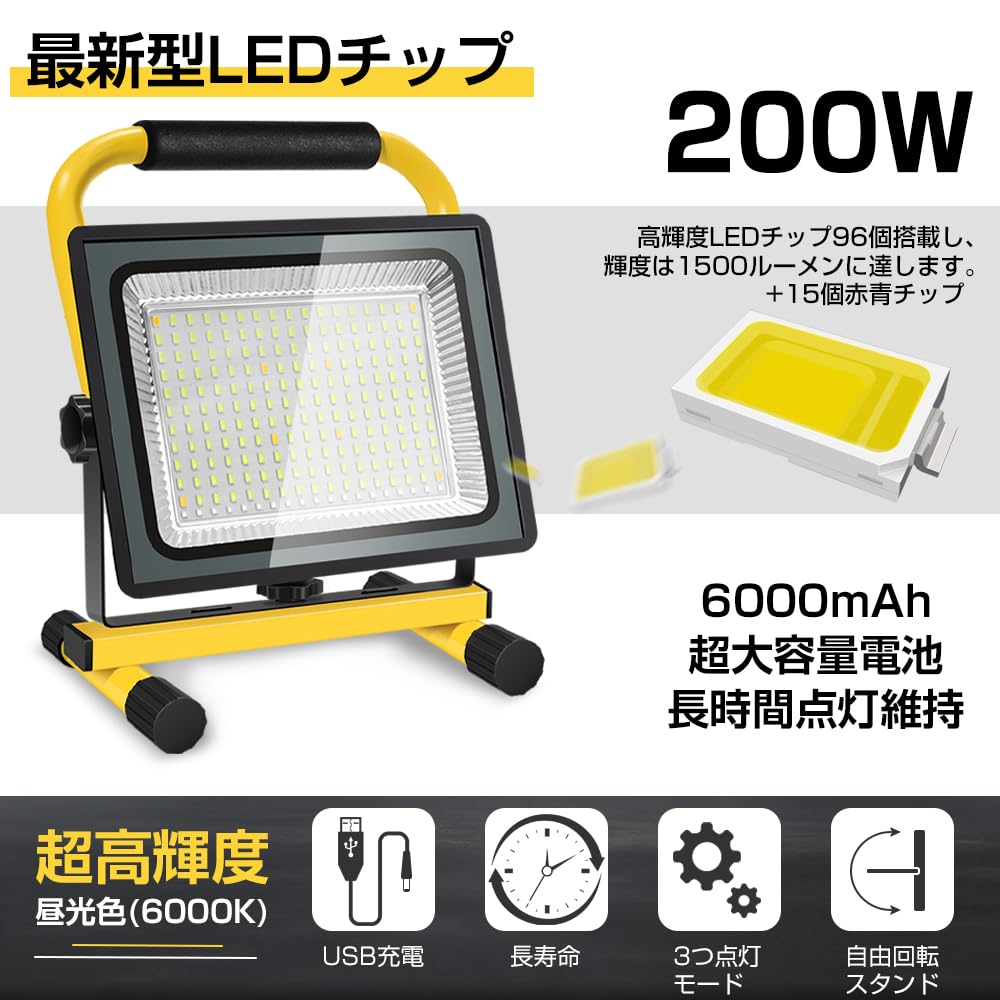 shineshare LED Floodlight Work Light, 200W, Large Capacity, USB Rechargeable, Portable, High Brightness, Daylight Color, RedBlue Flashing, IP65