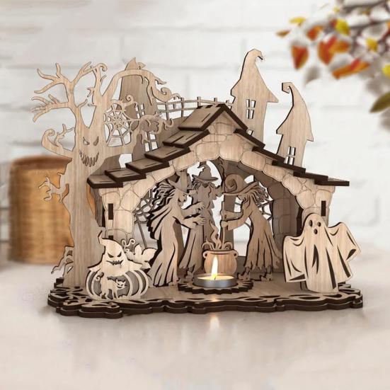 Halloween Candle Holder Spooky Wooden Witch Ghost House Candlestick Decoration for Home Indoor Party Decor