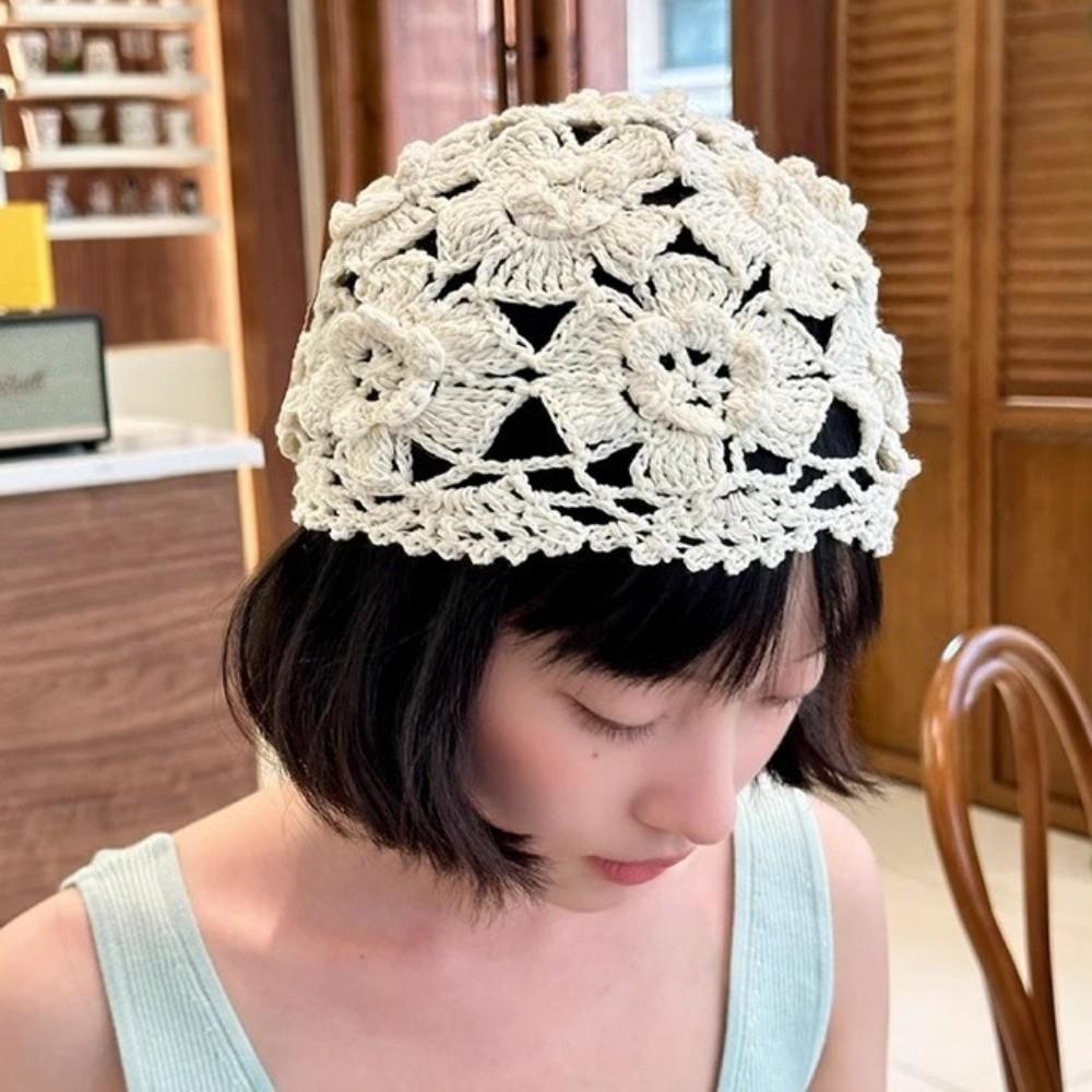 Bohemian Style Hollowed Out Beanie Cap Handmade Woven Cap Retro Crochet Flower Knitted Hat  Outdoor
