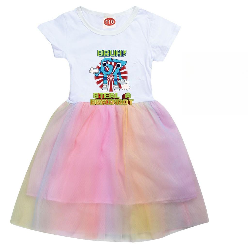 9192 Kids Girls Steal a Brainrot 67 Six Seven Print Short Sleeve Cotton Casual Rainbow Dress