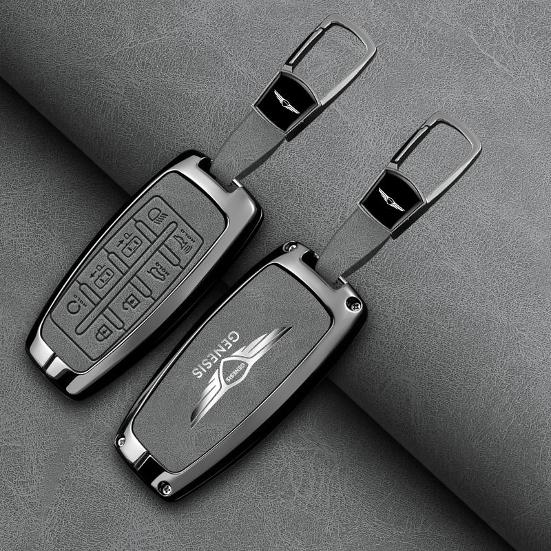 Leather Car Key Case Full Cover Protection Shell Keychain Accessories For Hyundai Genesis G80 GV70 GV80 GV90 2019 2020 2021 2022