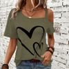 Heart Print Off the Shoulder Short Sleeve Asymmetrical T-shirt Casual Sexy Top with Slight Stretch Micro Elasticity Random Printing Machine Washable