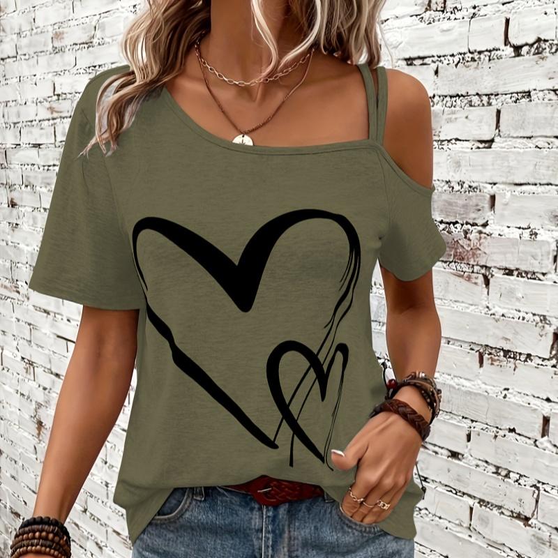 Heart Print Off the Shoulder Short Sleeve Asymmetrical T-shirt Casual Sexy Top with Slight Stretch Micro Elasticity Random Printing Machine Washable