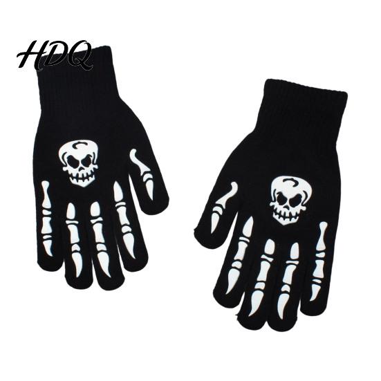 Funny Scary Party Costume Props Halloween Glow‑In‑The‑Dark Skeleton Knit Gloves Luminous Skull Bone Print Atmospheric Photo Full‑Finger