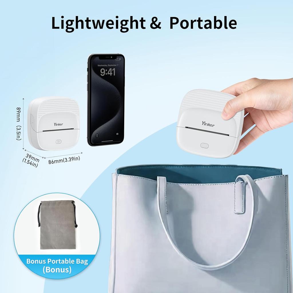 Mini Sticker Printer, Portable Thermal Inkless Printer with Auto-Calibration, Bluetooth Compact Label Maker with 7 Rolls (3 Paper Types) & 6 Colored