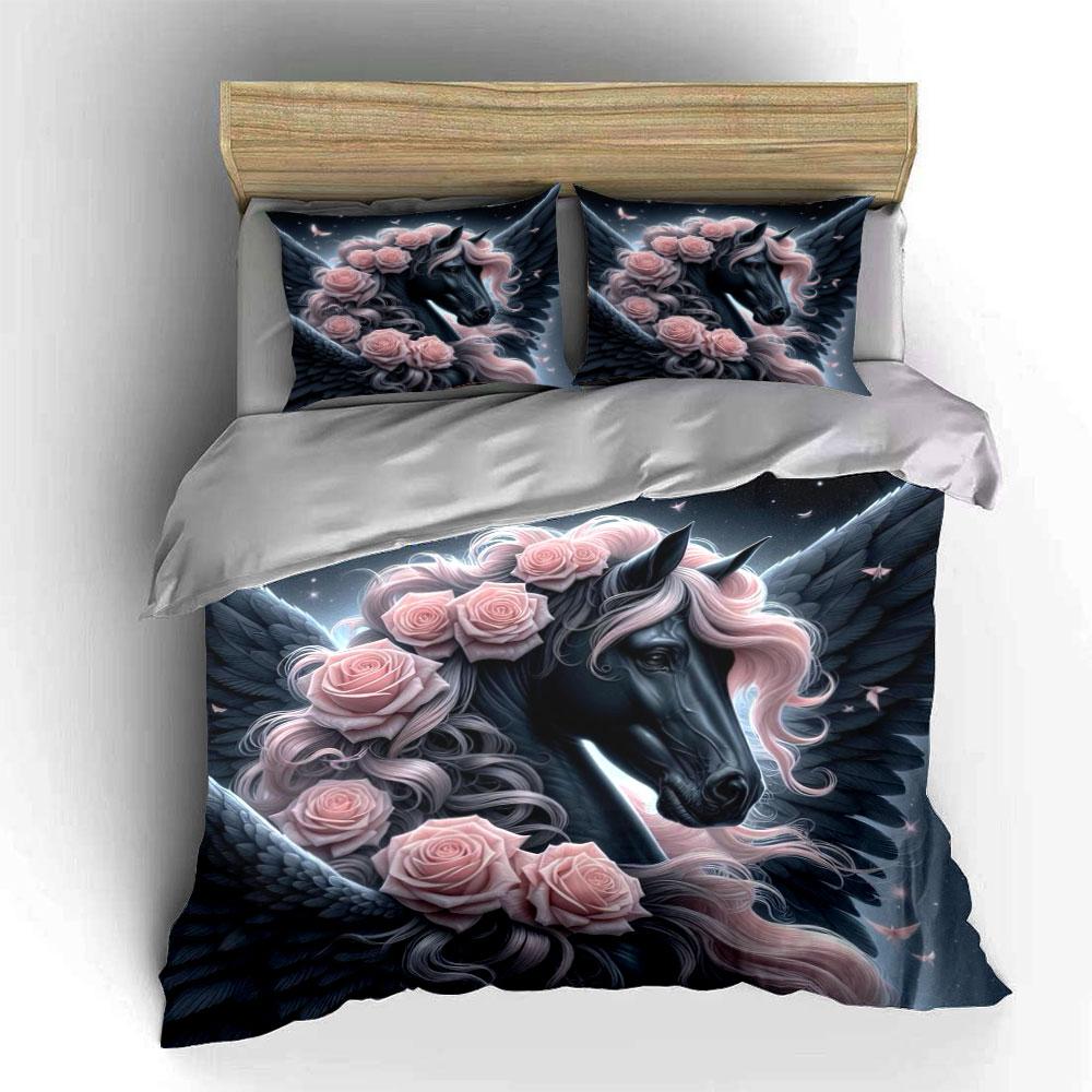 "Elegant Pegasus Rose Art Decor" Soft Skin-Friendly Bedding Set Includes 1 Duvet Cover And 2 Pillowcase Gift