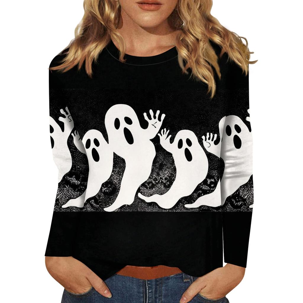 Women's Long-sleeved Loose-necked Halloween Print Casual Top, Suitable for Holiday Parties