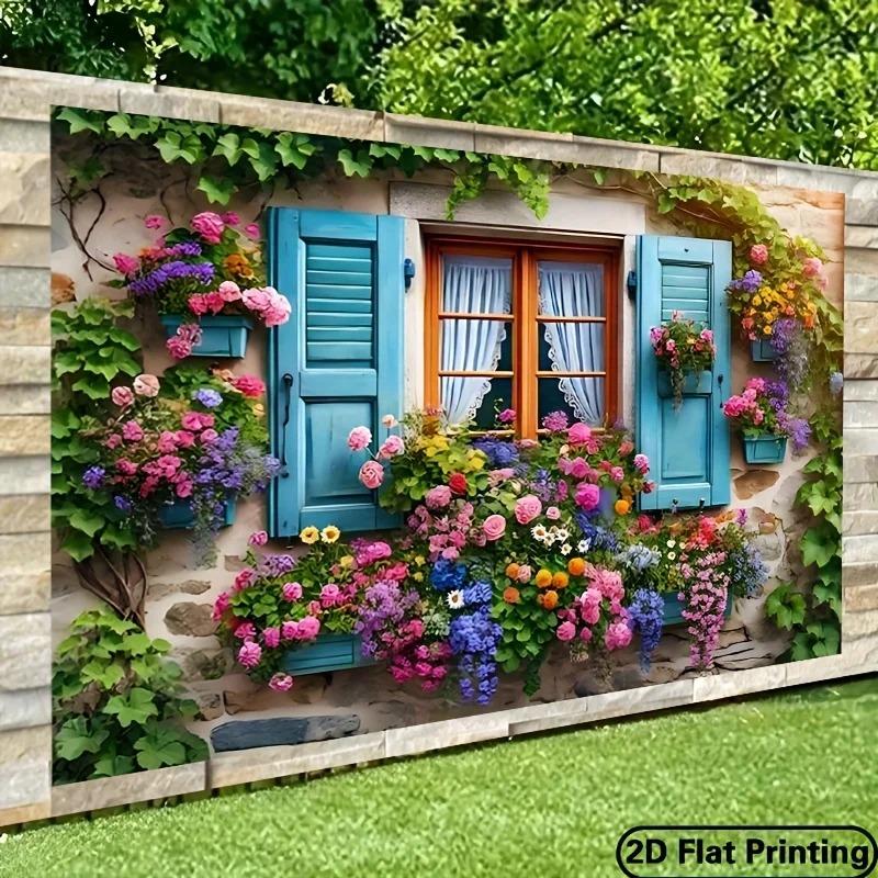 Vintage Floral Window Tapestry Blue Shutters Spring Garden Wall Hanging Peach Skin Rustic Home Decor For Bedroom Living Room
