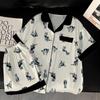 Cartoon Cat Print Ice Silk Pajamas Women'S Summer Short-Sleeved Cardigan Set Loungewear