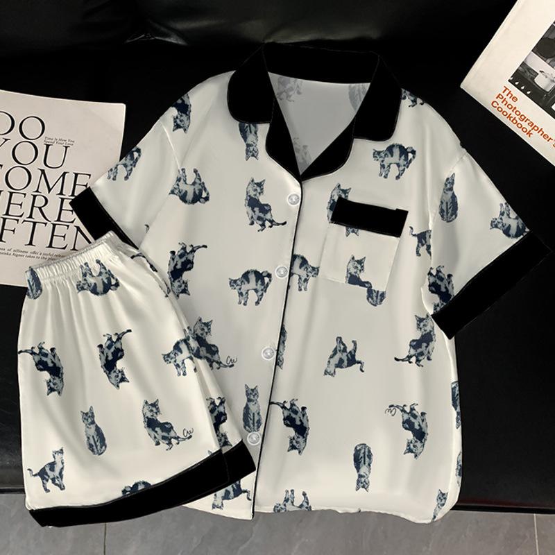 Cartoon Cat Print Ice Silk Pajamas Women'S Summer Short-Sleeved Cardigan Set Loungewear