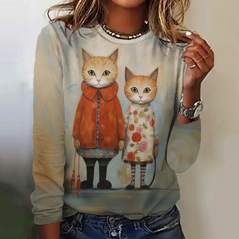 Harajuku Cat Printed Women's T-Shirts Autumn/ Winter Long Sleeves Imitation Cotton Clothing Fashions Round-Neck Tshirts 2024 New