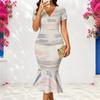 Women Plus Size V Neck Short Sleeve Multicolor Striped Printed Fitted Fishtail Dress
