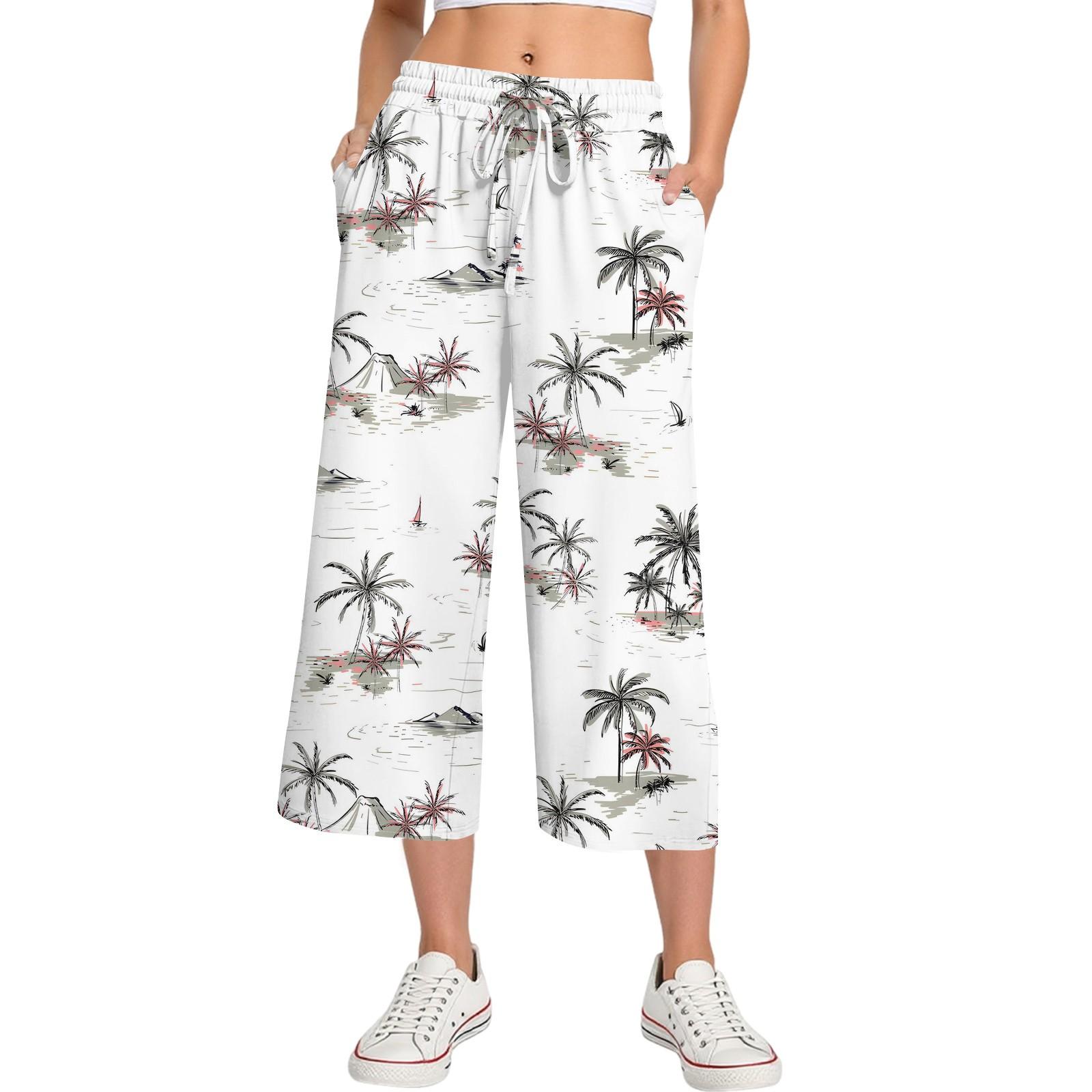 

Женские летние повседневные спортивные брюки с высокой талией и принтом, укороченные брюки свободного покроя L белый
