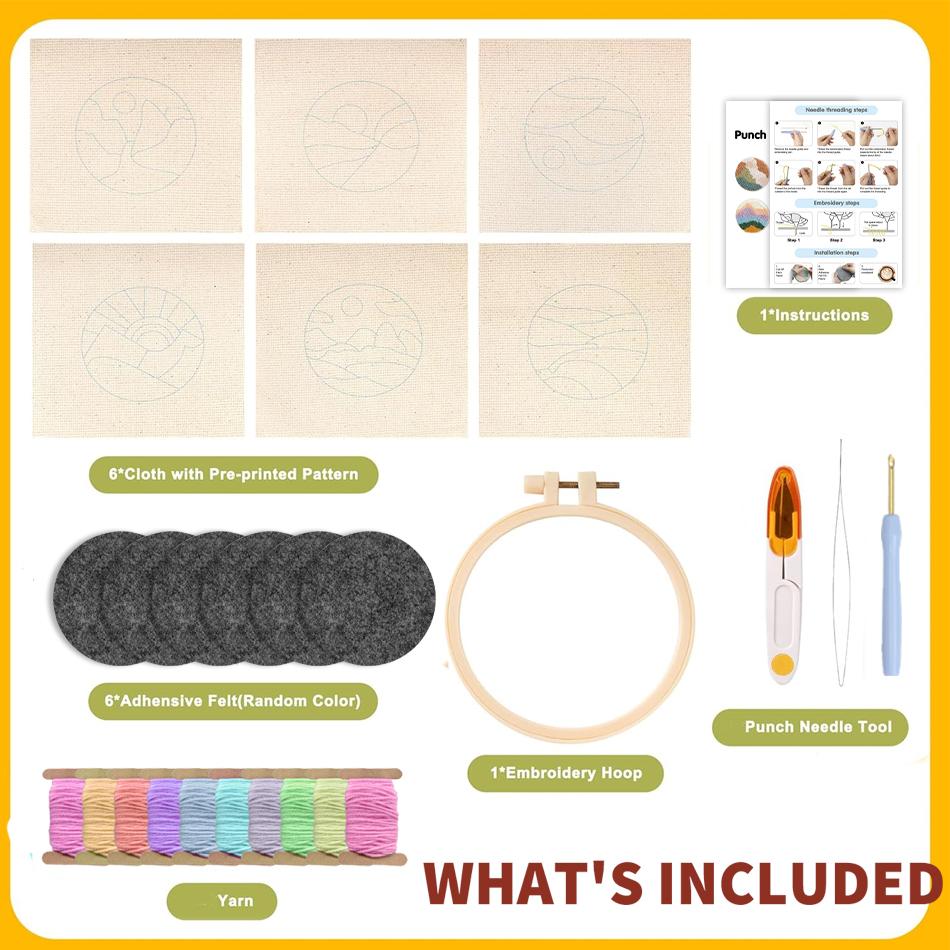 CHENISTORY DIY Stanznadel Stickerei Bastelset 6 Stück Muster Stanznadel Untersetzer Set für Anfänger Einfache Kunstwerke Dekoration