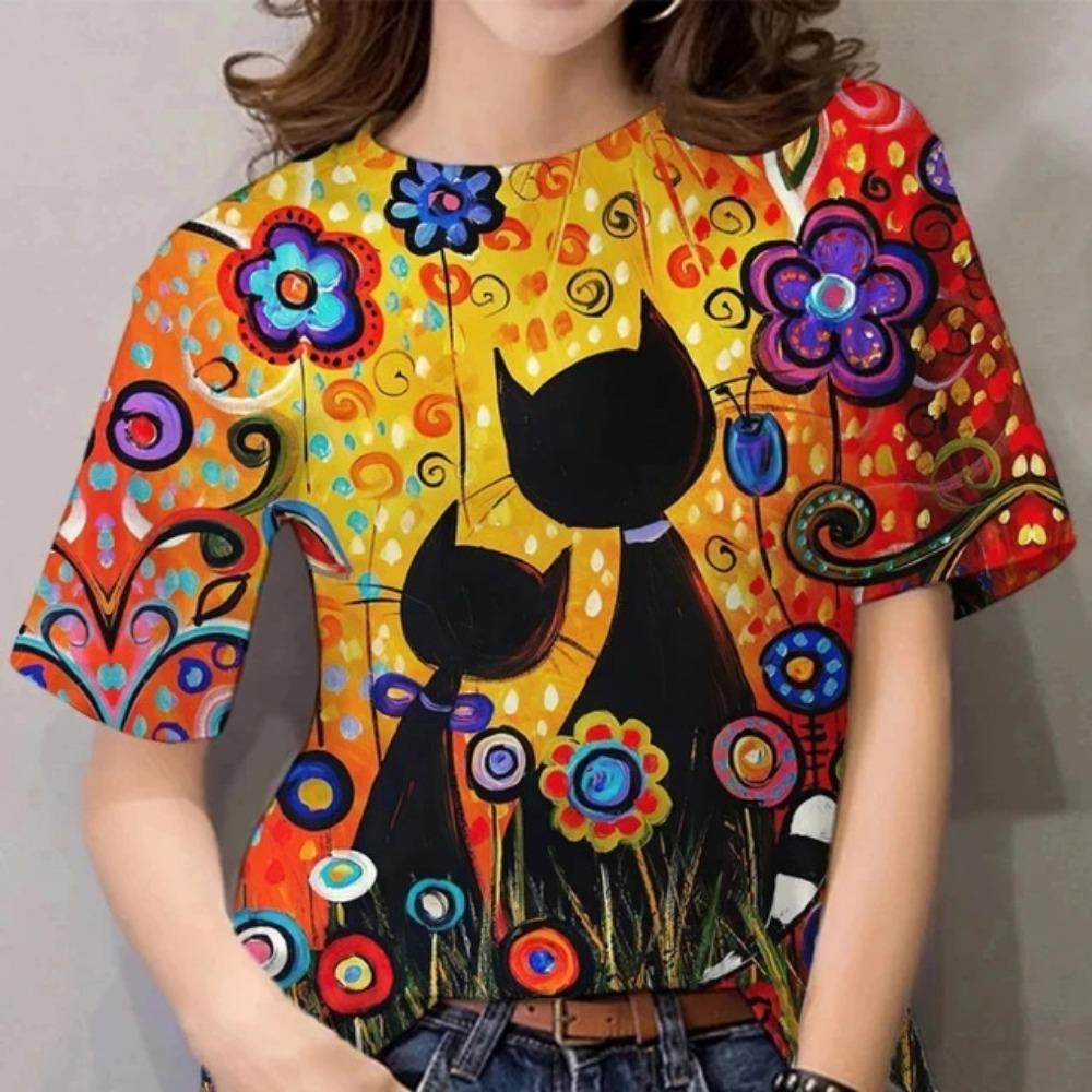 Abstract Cat Sketch 3D Digital Printing Women's Comfortable Round Neck Short Sleeve T-shirt