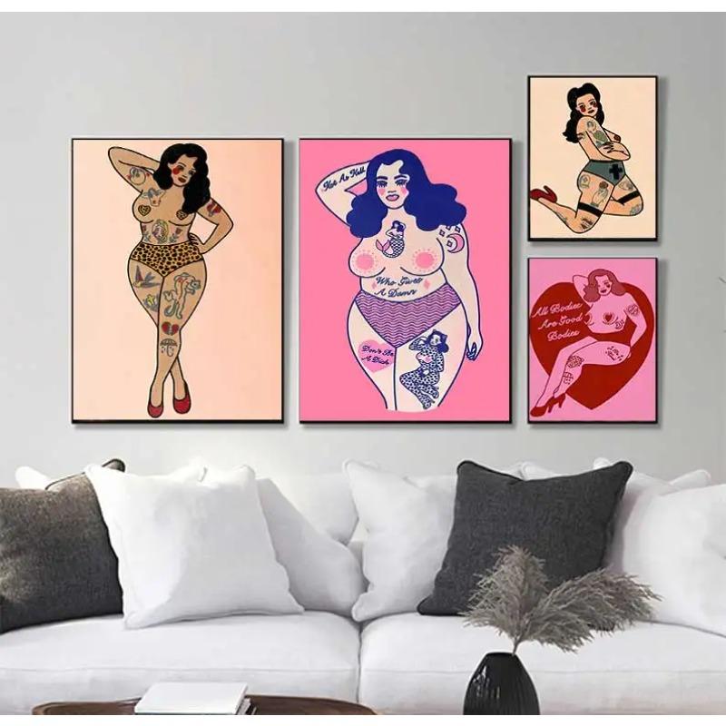 Mermaid Retro Wall Art, Nordic Nude Woman Poster, Printed Images, Living Room, Home Decoration, Oil Painting, Pink, Leopard