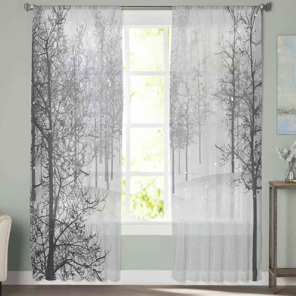 Winter Forest Tree Snowflake Semi Curtains Living Room Snowy Landscape Print Tulle Curtain Drapes Window Treatments Sheer Polyester Great Treatment