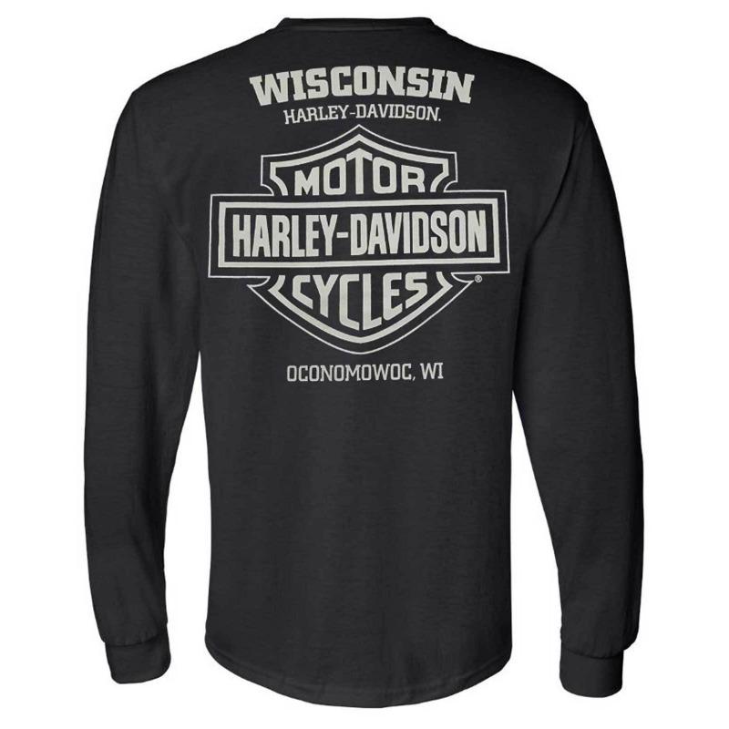 Harley-Davidson Herren Langarmshirt mit Knopfleiste und Schirm, Rundhalsausschnitt - Schwarz XL white