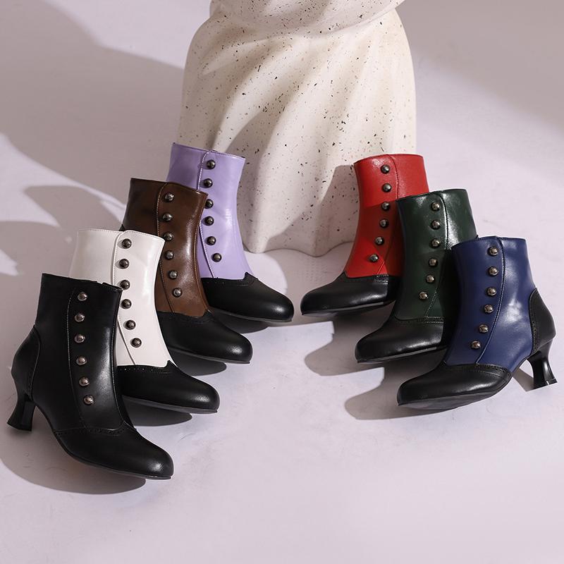 Mixed Colours Ankle Boots Women's Rivets Decor Kitten Heels Shoes Retro 2025 Autumn Winter Footwear