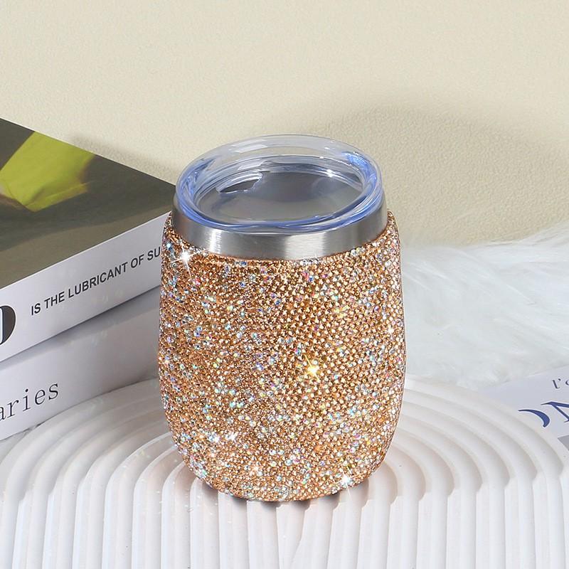 360ml Double Wall Vacuum Insulated Stainless Steel Tumbler With Rhinestone Decor Large Belly Shape Travel Cup Wine Coffee Tea