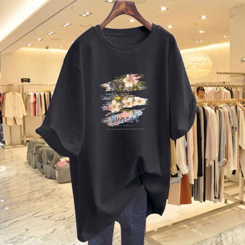 Women's 2025 Pure Cotton White Short-Sleeve Loose Mid-Length Plus Size Fashionable Tee