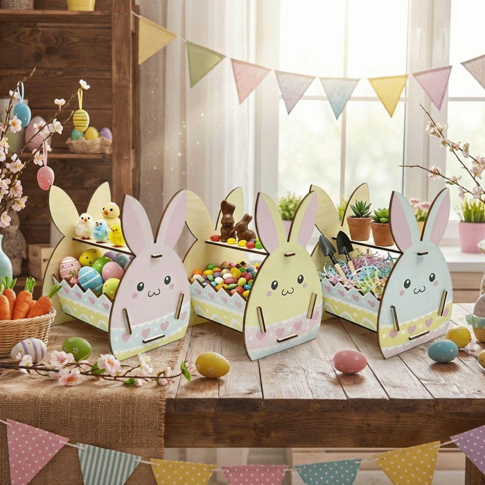 DIY Paint Easter Bunny Basket Wooden Candy Storage Basket Rabbit Storage Box  Easter Parties