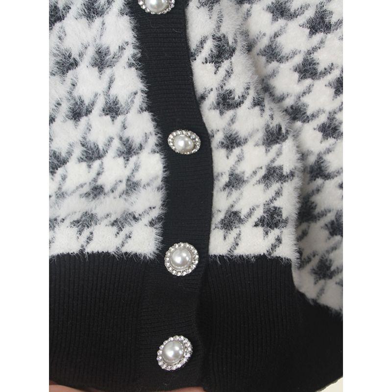 American Brand G Home Mink-like Wool Long Sleeves Cardigan Export round Neck Classic Style Houndstooth Women's Sweater Outwear