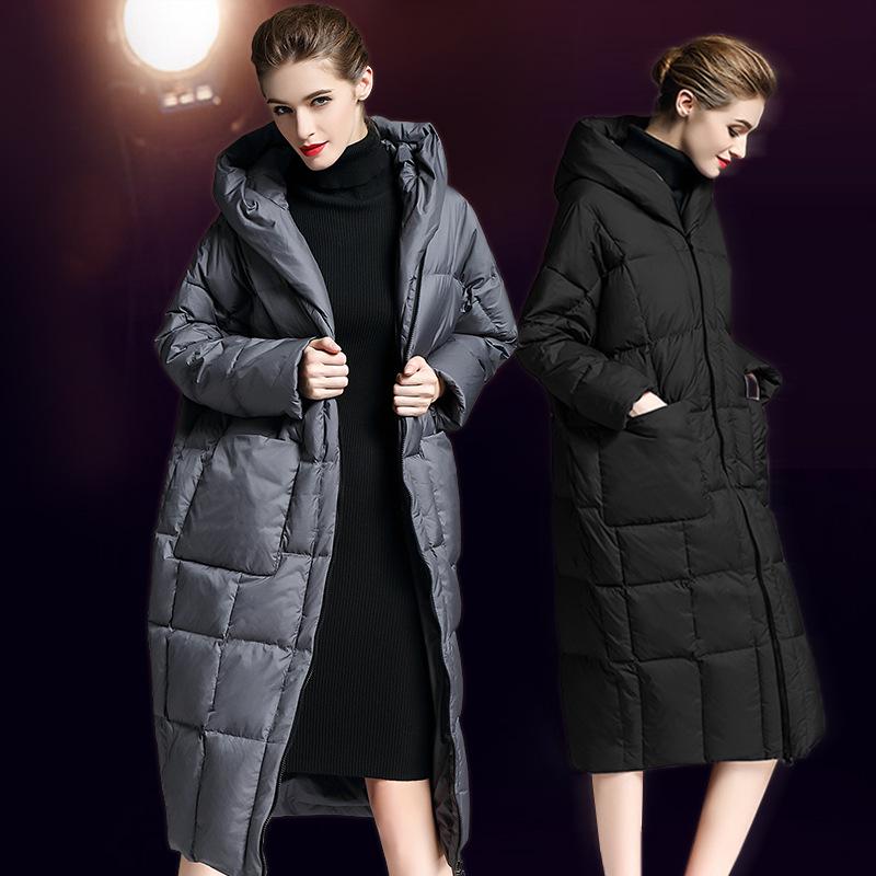 New European and American high-end down jackets for women's medium and long fashion hooded white duck down red thickened down jackets winter
