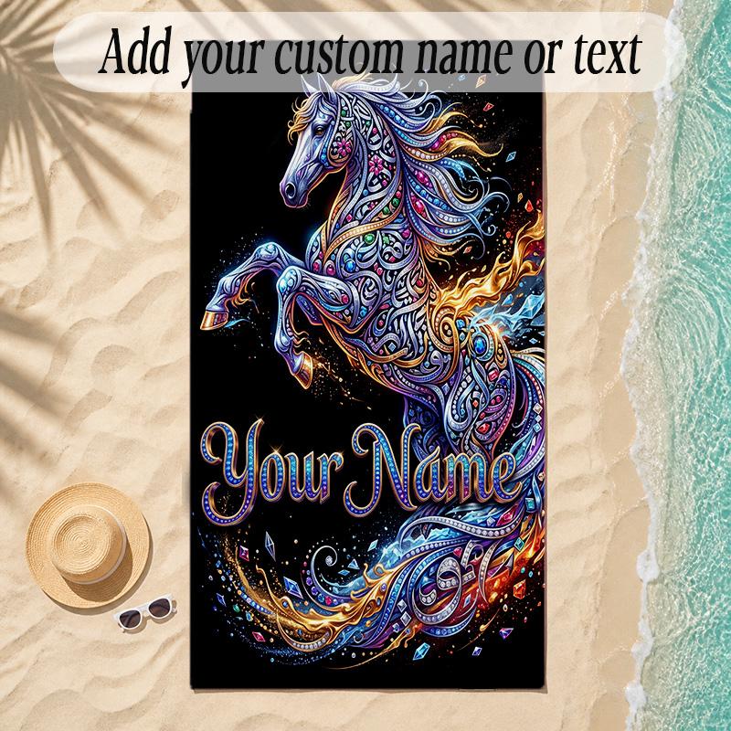 Horse Theme Soft Beach Towel Personalized Custom Name Text Towel Portable for Beach Pool Travel