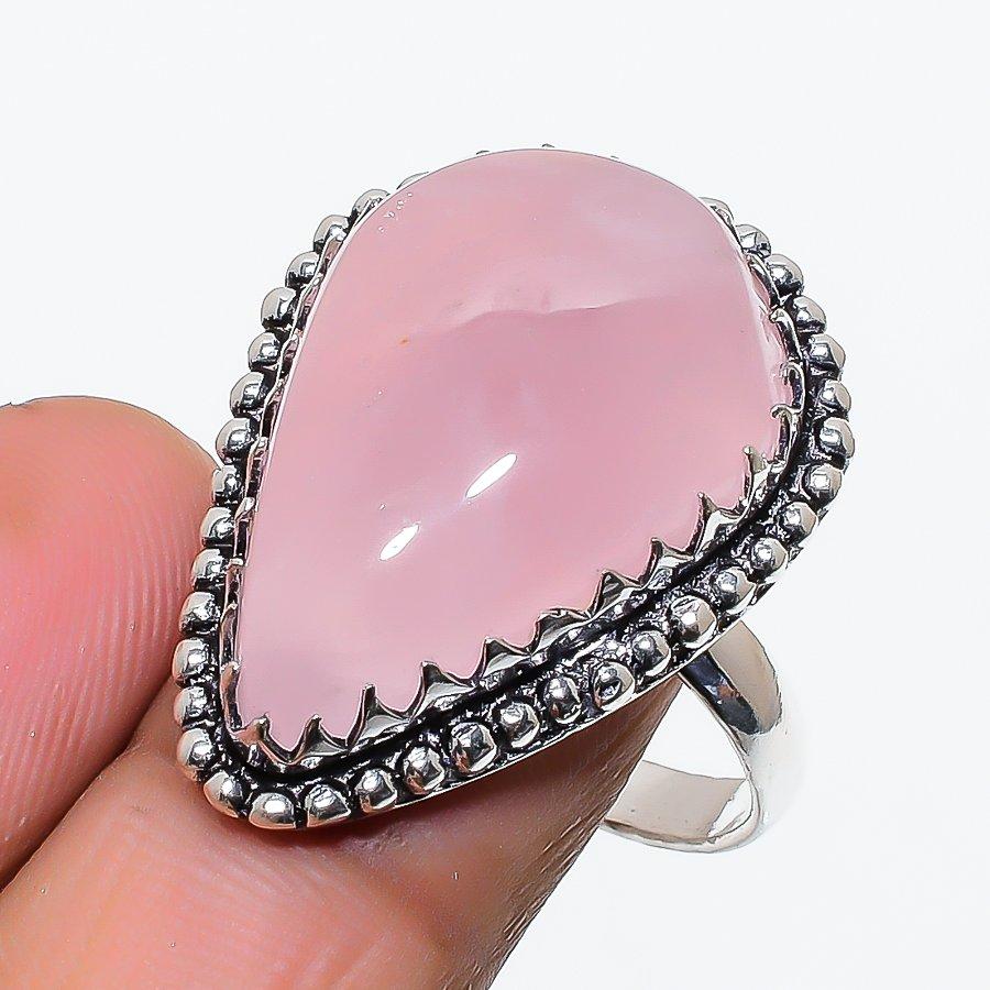 Rose Quartz Gemstone Handmade 925 Sterling Silver Jewelry Ring Size 10 SU-10467
